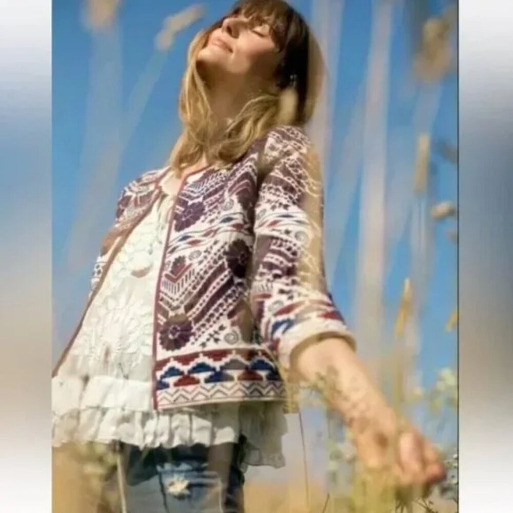 Anthropologie Embroidered Folk Jacket • Boho Open Front Cotton Jacket